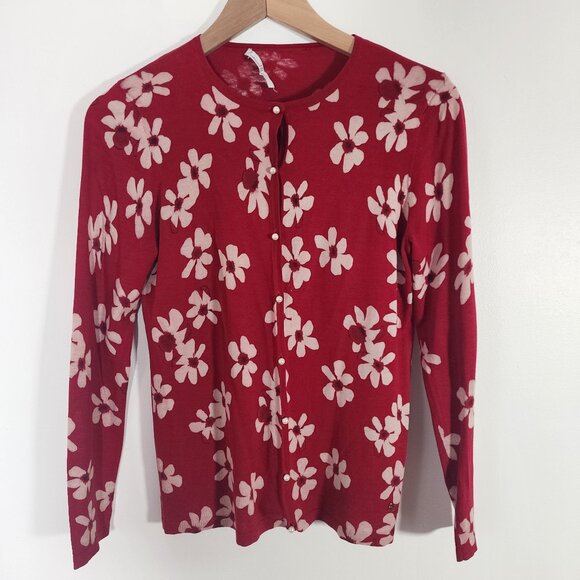 Carolina Herrera Sweaters - Carolina Herrera Red White Floral Cardigan Feminine Faux Pearl Buttons Silk XS